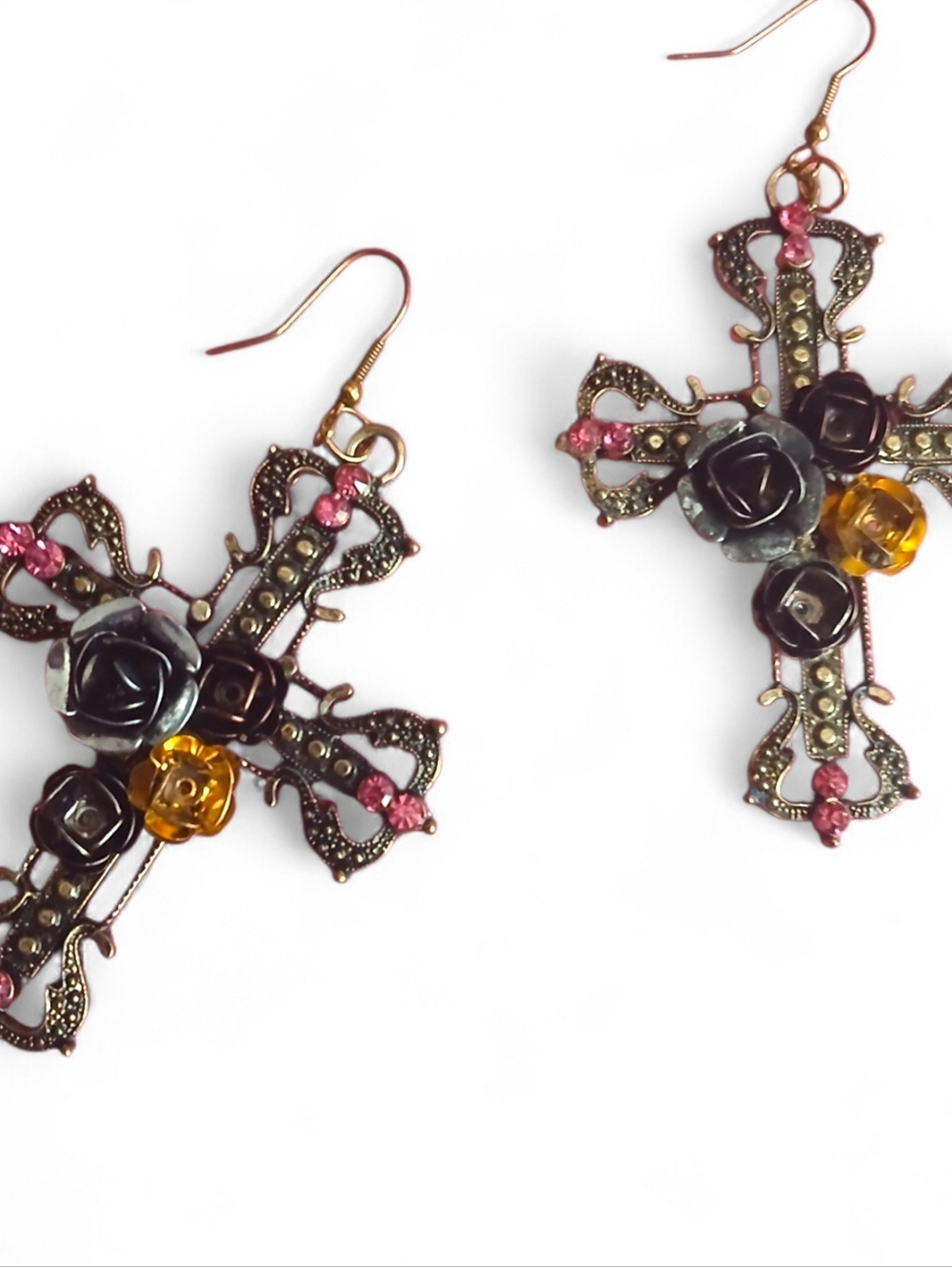 Women's Vintage Inspired Large Statement Ornate Gold Cross Drop Earrings